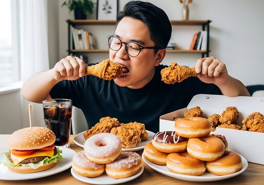 Man eating fried chicken and donuts with a burger and soda