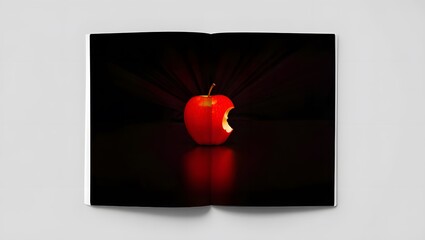 An illuminated red apple with a bite mark, symbolizing forbidden temptation and knowledge, presented on a dark, reflective page