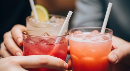 Refreshing iced drinks with straws held by diverse young adults at social gathering