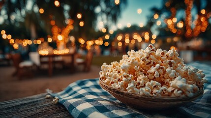Popcorn on Picnic Blanket Under Starry Sky, Fairy Lights on Trees and Table for Magical Outdoor Movie Night at Dusk