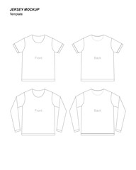 Editable vector template for jersey short and long sleeve. Includes front and back view with multiple collar options such as V-neck, polo, and round neck. Perfect for sportswear design, football k