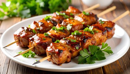 skewers meat satay with sauce and spices on a white plate.