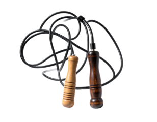 Two jump ropes with wooden handles, tangled