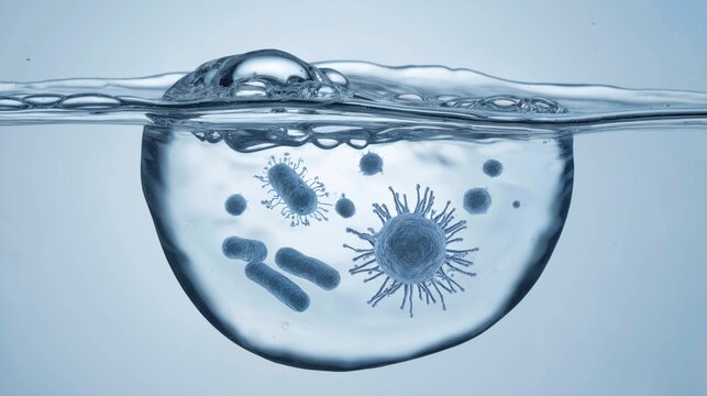 Microscopic view of various bacteria and viruses suspended in a water bubble, illustrating contamination or microbial presence in water.