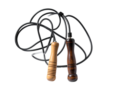 Two jump ropes with wooden handles, tangled
