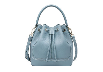 Naklejka premium Stylish light blue leather bucket bag with drawstring closure and shoulder strap isolated on transparent background
