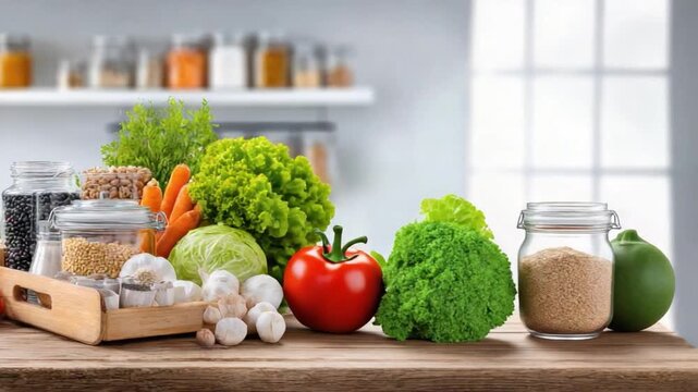 Fresh Ingredients in the Kitchen: A vibrant display of fresh produce and pantry staples, artfully arranged on a wooden surface, evoking the essence of healthy eating and culinary delight. 