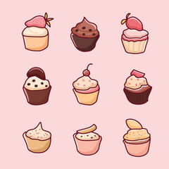 set of collection sute cartoon pink cupcake vector design for elements