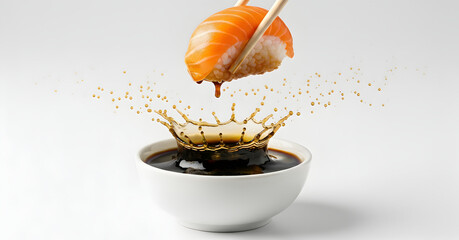 Salmon nigiri being dipped in soy sauce