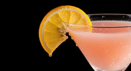Refreshing pink cocktail with lemon garnish against black background