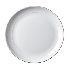 Round, white dinner plate with subtle, raised, concentric rings, a thin, light-gray rim