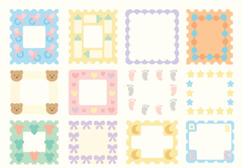 Pastel Baby Shower Frames with Teddy Bears, Stars, Hearts, and Footprints