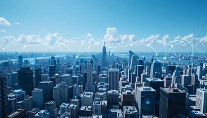 Global Network and Data Flow over Modern City Skyline at Night