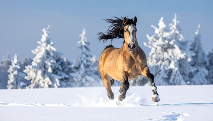 Horse galloping through a winter landscape with snow-covered trees in bright daylight near tranquil countryside