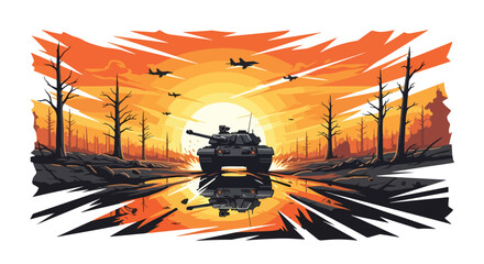 Vector art of a tank and fighter jets moving through a barren landscape at sunset, symbolizing the destruction of war and promoting an anti-war message with a dramatic scene