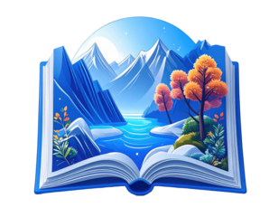 Open book, featuring a serene mountain landscape. A scene of tranquil nature, with blue mountains, a calm lake, and autumnal trees, viewed through an open book