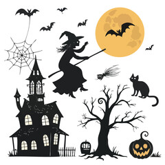 Halloween pumpkins and dark castle on background,Happy Halloween message design illustration.

