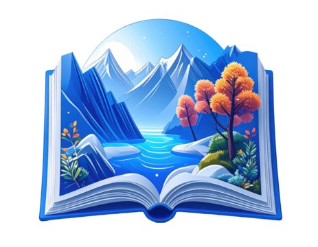 Open book, featuring a serene mountain landscape.  A scene of tranquil nature, with blue mountains, a calm lake, and autumnal trees, viewed through an open book