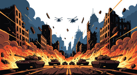 Vector art of tanks and helicopters in a burning city with explosions and collapsing buildings, symbolizing the devastation of war and a strong anti-war message against violence and destruction