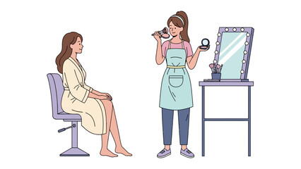 Professional makeup artist applying cosmetics to a seated client in a salon with a mirror and beauty products on a table