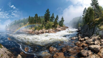 Wild River Flowing Through Rocky Forested Landscape Under Bright Blue Sky