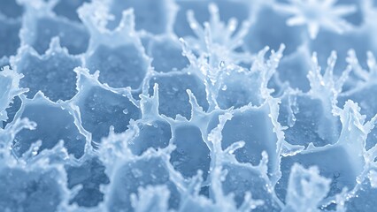 Close-up of intricate ice patterns in winter blue, revealing natural frost textures.