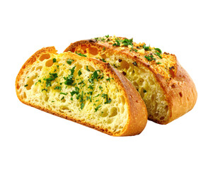 Two slices of toasted garlic bread, golden-brown, sprinkled with fresh herbs