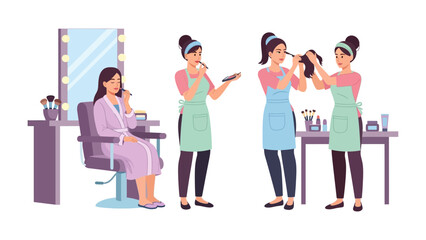 Obraz premium Young woman in a salon robe sits in a chair while makeup artists apply cosmetics and style her hair in a beauty studio setting