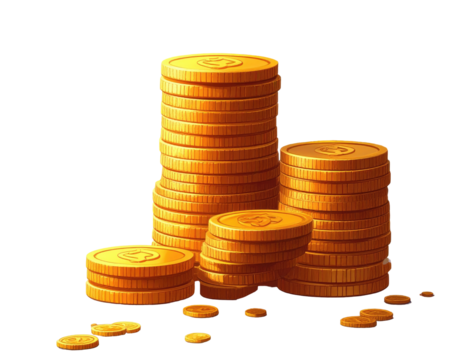 Stack of golden coins, various sizes, some scattered on ground - Powered by Adobe