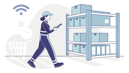 Warehouse worker using digital device to manage inventory.