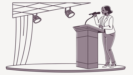Woman giving a presentation at a podium with spotlights.