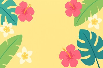 Background tropis kuning dengan bunga hibiscus merah dan dedaunan hijau eksotis.