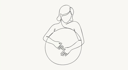 A minimalist one-line drawing of a woman gently embracing a circle, symbolizing self-love, wholeness, and femininity.