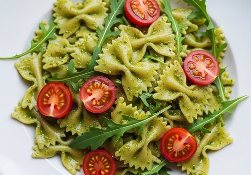 Farfalle pasta with pesto sauce, cherry tomatoes and arugula