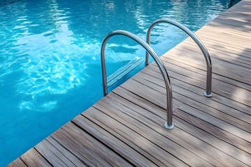 Sparkling azure swimming pool with wooden deck and stainless steel ladder