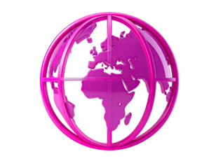 Magenta globe, 3D rendered, outlined in pink, map details visible