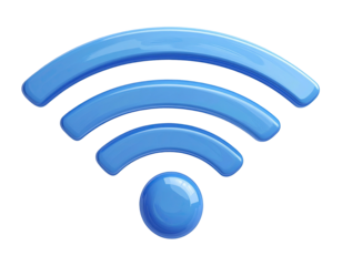 Three light-blue, glossy, stylized wifi waves curve downward from a central, matching, glossy blue circle