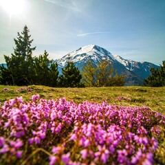 Fototapeta premium Mountain meadow with pink flowers