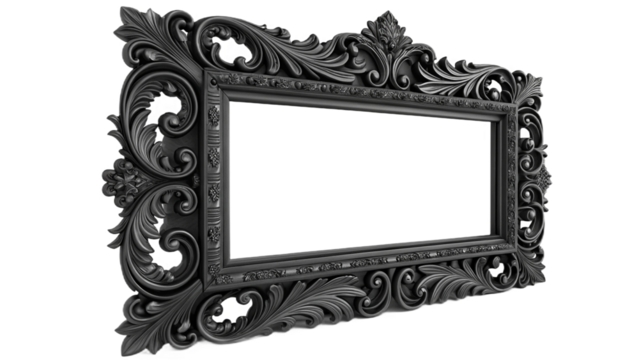 Ornate black frame with intricate floral and leaf designs against a black background space inside - Powered by Adobe