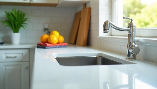 Sparkling clean kitchen countertops, gleaming sink, and freshly wiped appliances showcase the satisfying results of a thorough cleansing housework session , utensils, chores, sponge