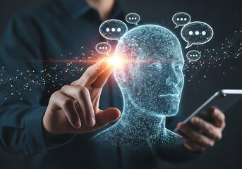 Man interacting with a digital ai human head and chat bubbles