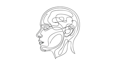 One-line drawing of a head showing the brain and facial features.