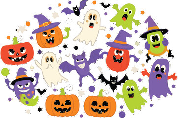 Naklejka premium Spooky Ghosts and Pumpkins Halloween Characters and Cute Bats on a White Background