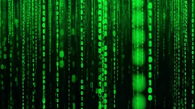 Digital rain of green binary code cascading down in a futuristic setting, symbolizing data flow