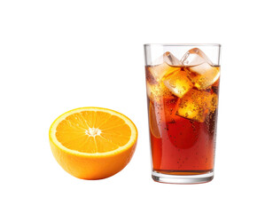 A halved orange beside a glass of iced cola