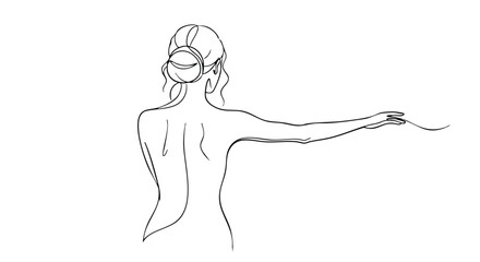 Minimalist line art drawing of a woman's back with her hair in a bun, extending her arm gracefully to the side.