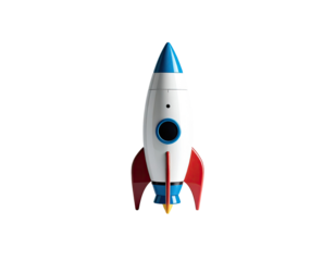 A stylized rocket ship, white body with red and blue accents, pointed nose