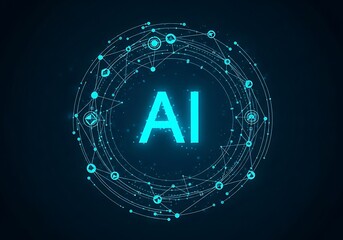 Artificial intelligence network with glowing ai text in center