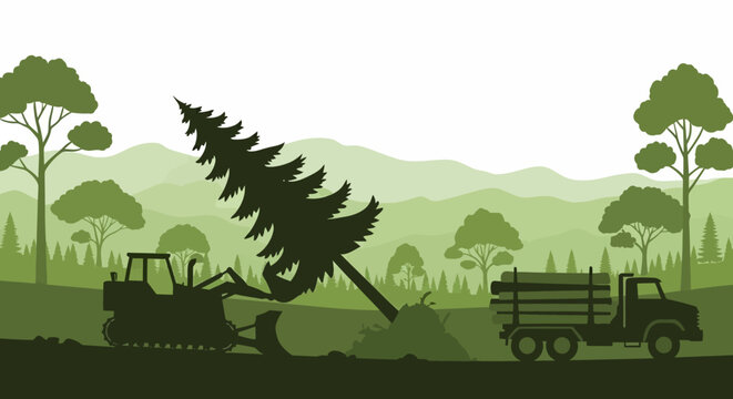 Bulldozer uproots a large tree for transport to a waiting log truck amidst a forest landscape.