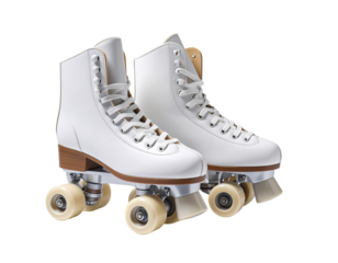 Pair of white roller skates with light brown accents (1)